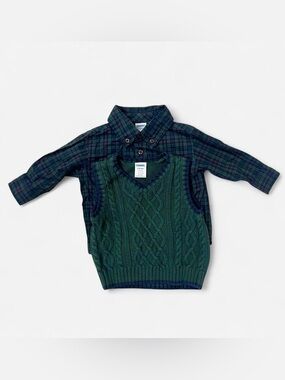 Vintage Gymboree Green Cable-Knit Sweater Vest with Plaid Shirt